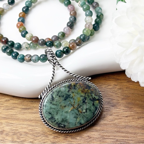 African Turquoise Pendant Necklace Jewelry Set Lot Sterling Silver 925 Overlay - Picture 2 of 10